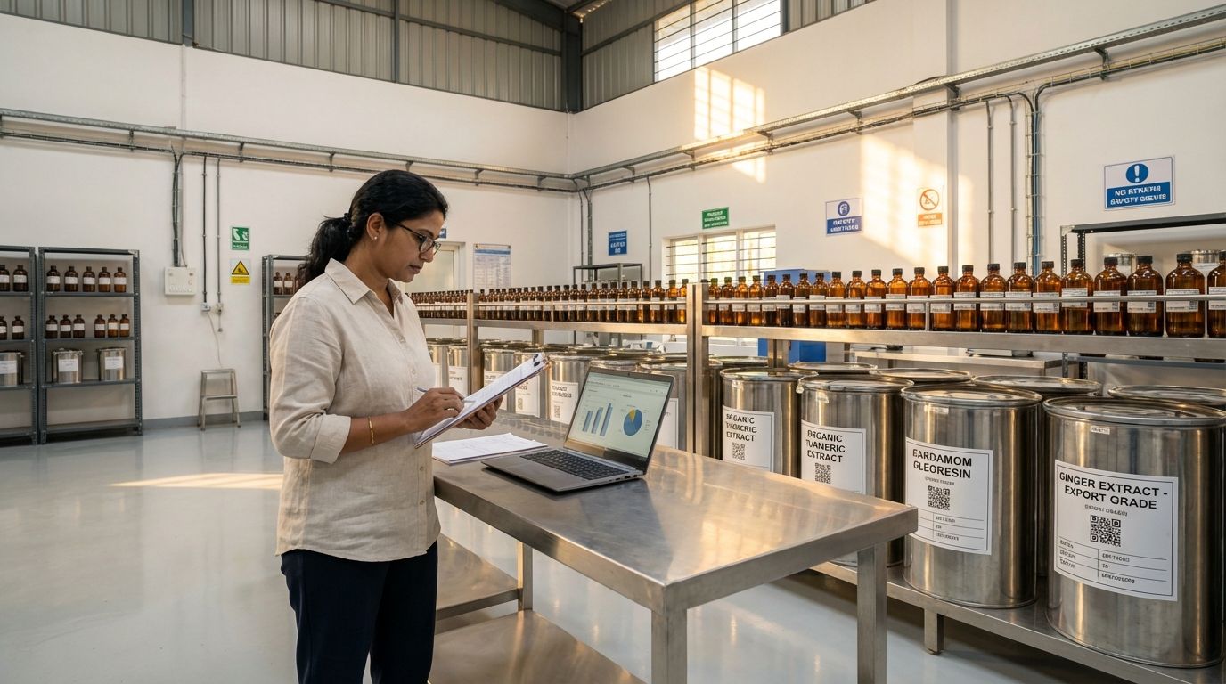 Four Squares export facility — a professional reviews compliance documents against a backdrop of labelled spice extract drums