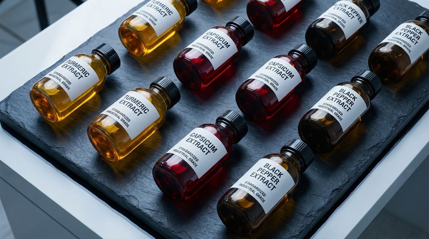 Industrial spice extract vials on dark slate — amber turmeric, deep red capsicum, dark pepper oleoresins